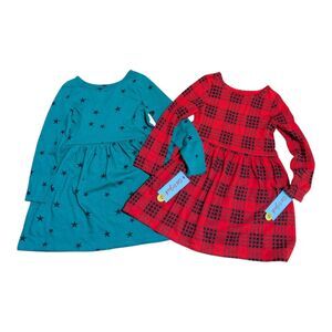 Cat & Jack Toddler Girls Dress Bundle Size 4T Red Plaid & Teal Star Long Sleeve
